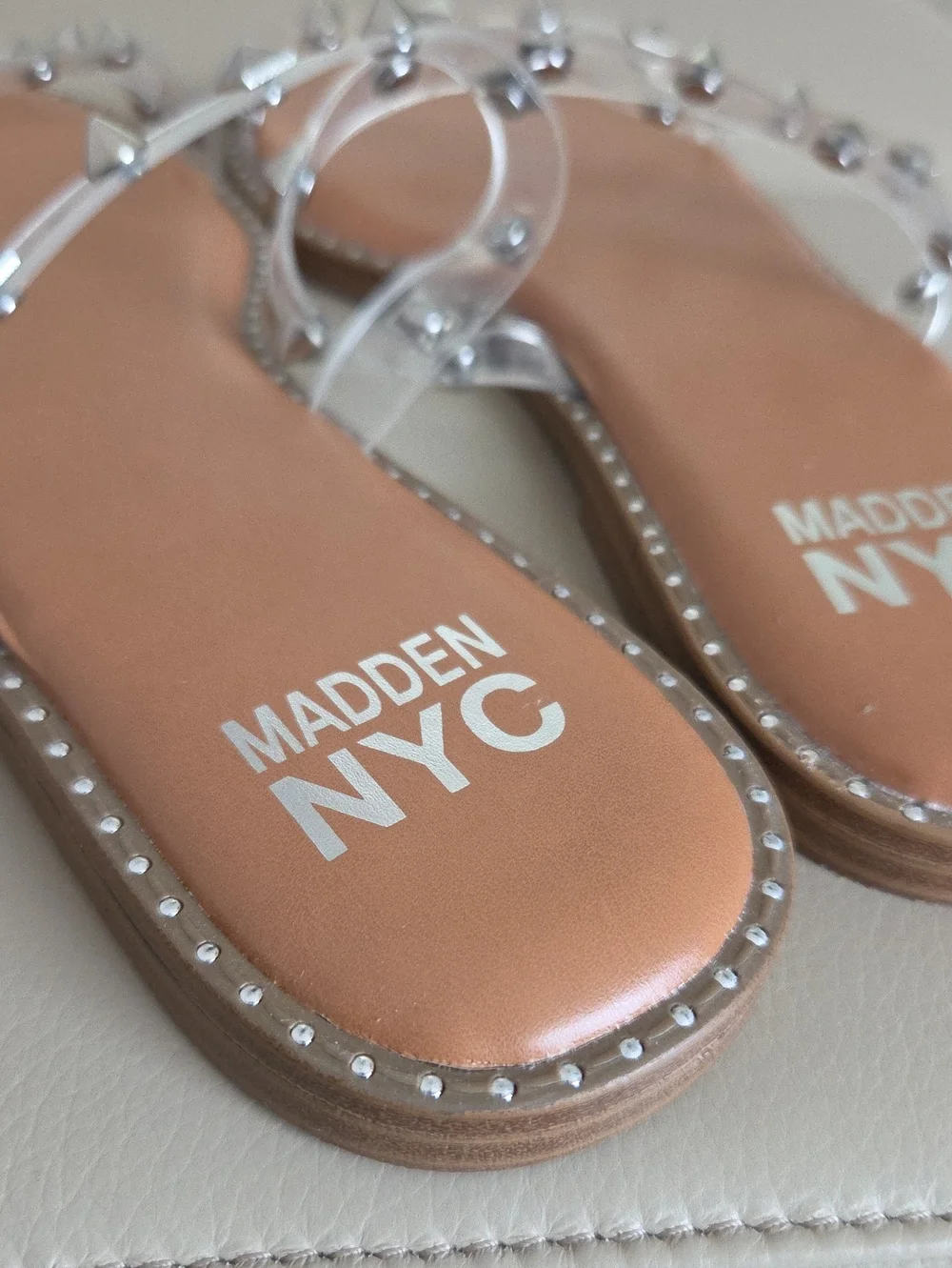 Steve Madden Clear Studded Slide Sandals in Tan